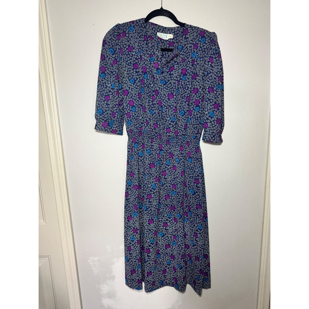 Lady Carol‎ Petites Vintage Floral Midi Dress Blue Purple Daisy Smocked Waist 8